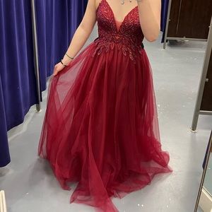 Red/Garnet Prom Dress With Rainbow Rhinestones Shaped Into a Butterfly